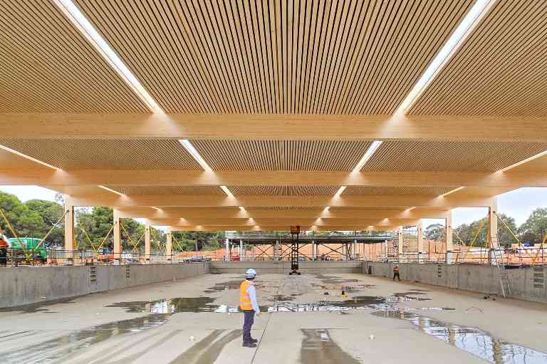 澳洲最大木梁就位！阿德莱德水上中心用324立方米木材造屋顶(图1)