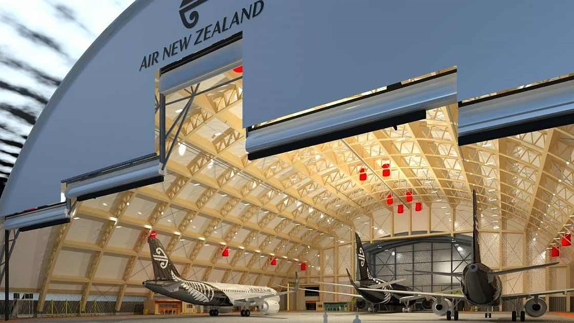 新西兰建成南半球最大木结构机库 98米木拱门引领抗震航空设施新突破(图1)